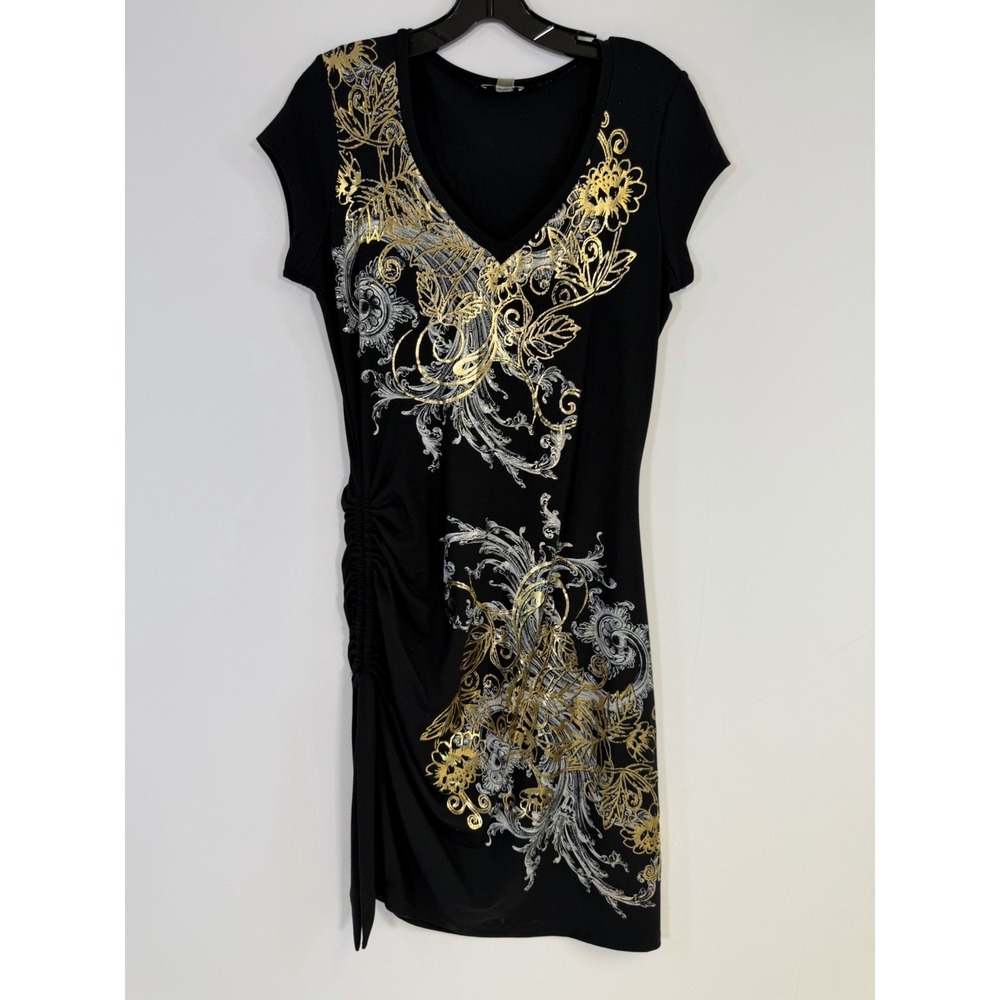 Vintage Cache SZ L Women's Black  Gold Foil Dress Side Rushing Stretch